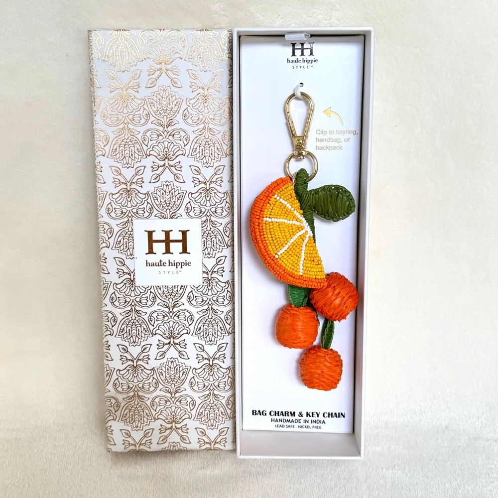Haute Hippie Raffia & Beaded Orange Fruit Bag Charm